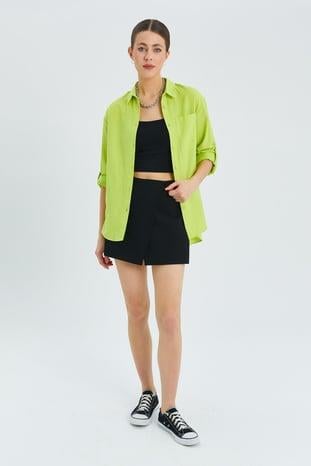 9942 Kadın Oxford Uzun Kol  Basic Gömlek Neon Yeşil