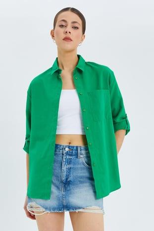 9942 Kadın Oxford Uzun Kol  Basic Gömlek Yeşil