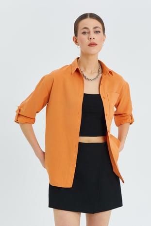 9942 Kadın Oxford Uzun Kol  Basic Gömlek Şeftali
