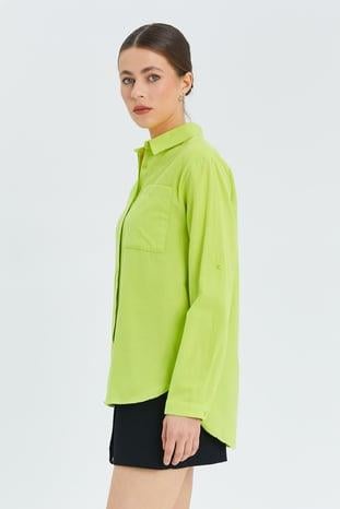 9942 Kadın Oxford Uzun Kol  Basic Gömlek Neon Yeşil