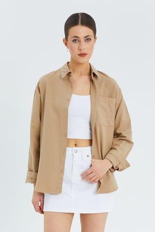 9942 Kadın Oxford Uzun Kol  Basic Gömlek Bisküvi