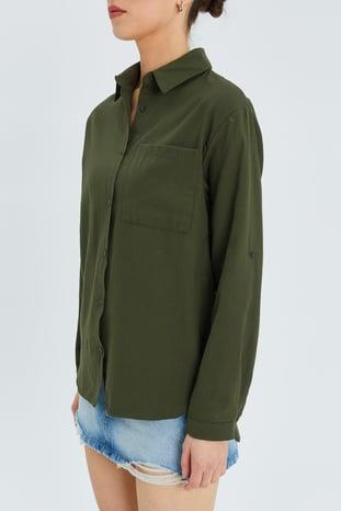 9942 Kadın Oxford Uzun Kol  Basic Gömlek Haki