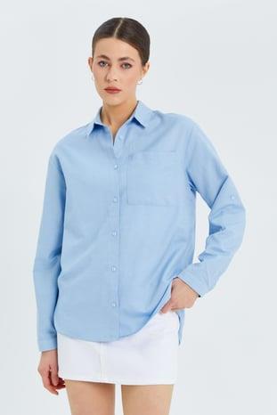 9942 Kadın Oxford Uzun Kol  Basic Gömlek Bebe Mavi