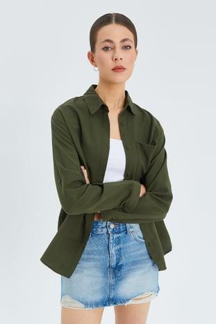 9942 Kadın Oxford Uzun Kol  Basic Gömlek Haki