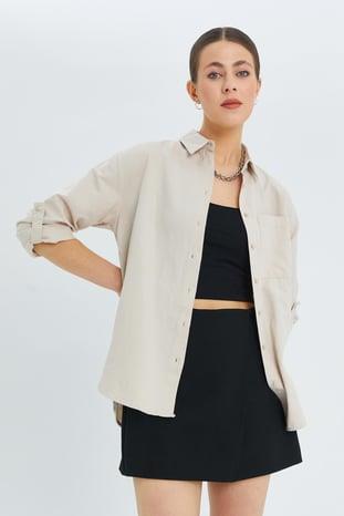 9942 Kadın Oxford Uzun Kol  Basic Gömlek Taş
