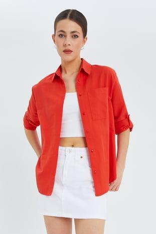 9942 Kadın Oxford Uzun Kol  Basic Gömlek Kırmızı