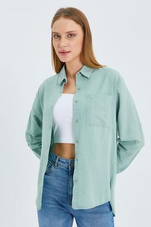 9942 Kadın Oxford Uzun Kol  Basic Gömlek Çağla