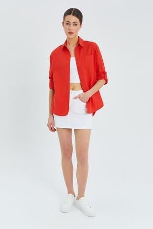 9942 Kadın Oxford Uzun Kol  Basic Gömlek Kırmızı