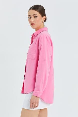 9942 Kadın Oxford Uzun Kol  Basic Gömlek Şeker Pembe