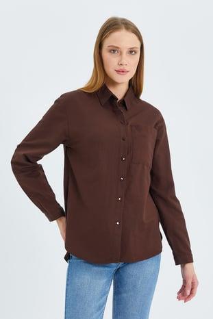 9942 Kadın Oxford Uzun Kol  Basic Gömlek Kahve