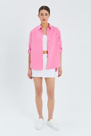 9942 Kadın Oxford Uzun Kol  Basic Gömlek Şeker Pembe