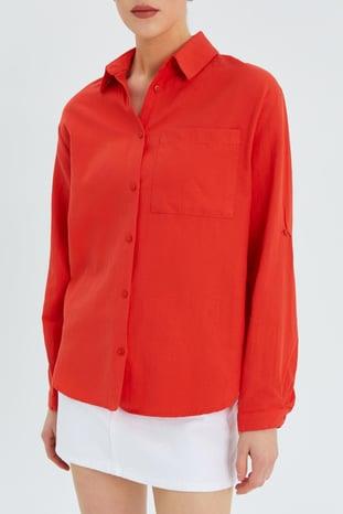 9942 Kadın Oxford Uzun Kol  Basic Gömlek Kırmızı