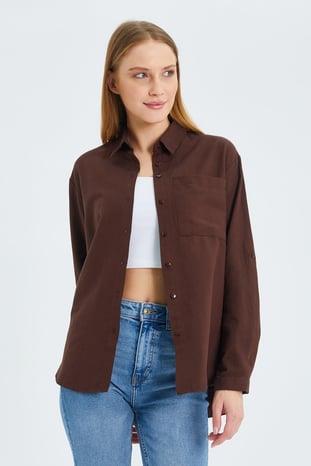 9942 Kadın Oxford Uzun Kol  Basic Gömlek Kahve