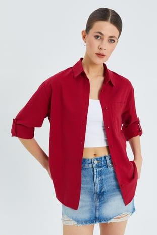 9942 Kadın Oxford Uzun Kol  Basic Gömlek Bordo