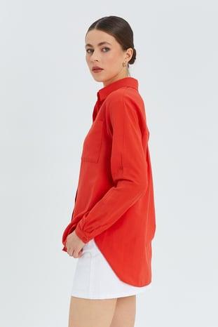 9942 Kadın Oxford Uzun Kol  Basic Gömlek Kırmızı