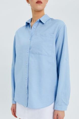 9942 Kadın Oxford Uzun Kol  Basic Gömlek Bebe Mavi