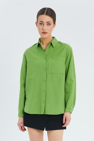 9942 Kadın Oxford Uzun Kol  Basic Gömlek Fıstık Yeşili