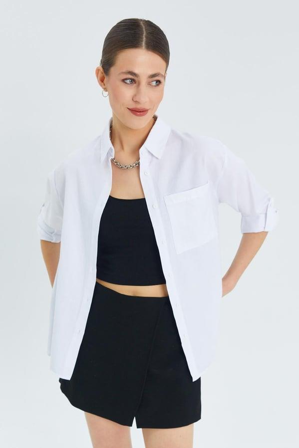 9942 Kadın Oxford Uzun Kol  Basic Gömlek Beyaz