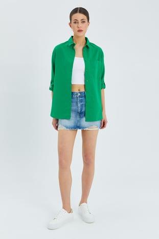 9942 Kadın Oxford Uzun Kol  Basic Gömlek Yeşil