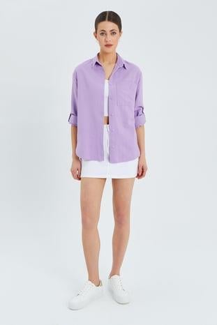9942 Kadın Oxford Uzun Kol  Basic Gömlek Lila