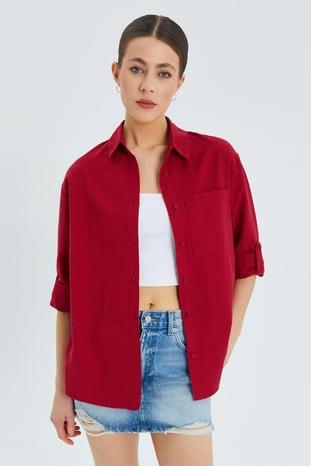 9942 Kadın Oxford Uzun Kol  Basic Gömlek Bordo