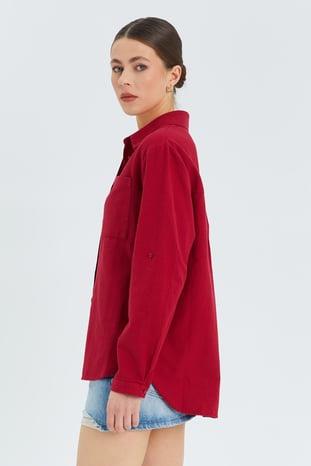 9942 Kadın Oxford Uzun Kol  Basic Gömlek Bordo