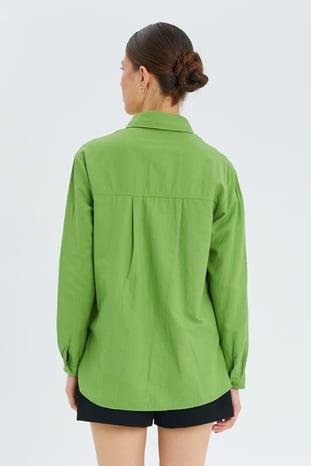 9942 Kadın Oxford Uzun Kol  Basic Gömlek Fıstık Yeşili