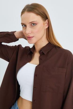 9942 Kadın Oxford Uzun Kol  Basic Gömlek Kahve