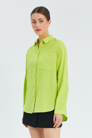 9942 Kadın Oxford Uzun Kol  Basic Gömlek Neon Yeşil