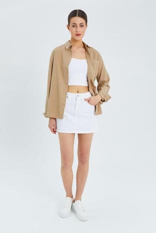 9942 Kadın Oxford Uzun Kol  Basic Gömlek Bisküvi