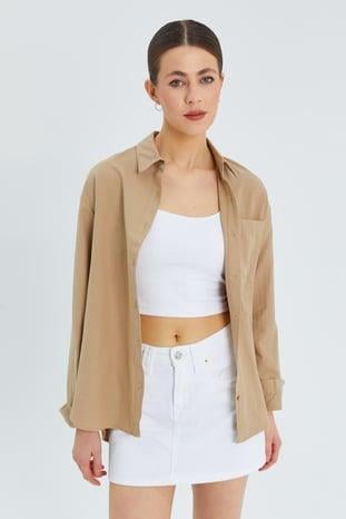 9942 Kadın Oxford Uzun Kol  Basic Gömlek Bisküvi