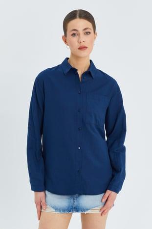 9942 Kadın Oxford Uzun Kol  Basic Gömlek İndigo