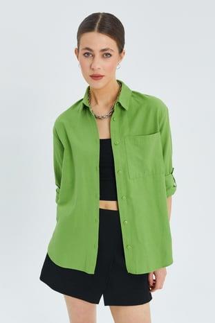 9942 Kadın Oxford Uzun Kol  Basic Gömlek Fıstık Yeşili