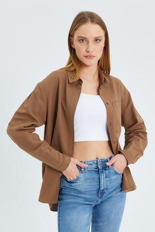 9942 Kadın Oxford Uzun Kol  Basic Gömlek Vizon