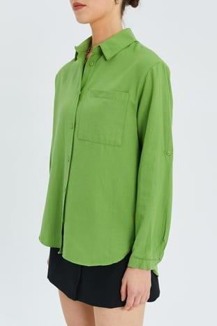 9942 Kadın Oxford Uzun Kol  Basic Gömlek Fıstık Yeşili