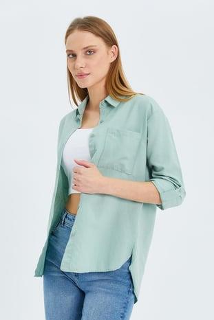 9942 Kadın Oxford Uzun Kol  Basic Gömlek Çağla