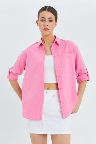 9942 Kadın Oxford Uzun Kol  Basic Gömlek Şeker Pembe
