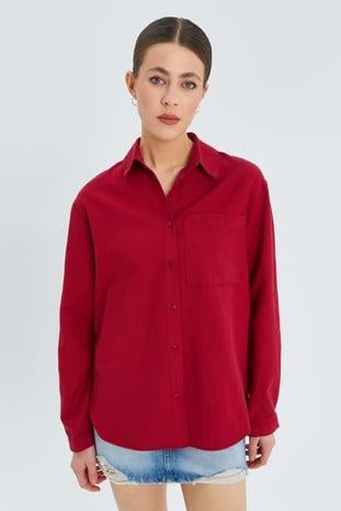9942 Kadın Oxford Uzun Kol  Basic Gömlek Bordo