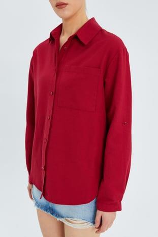 9942 Kadın Oxford Uzun Kol  Basic Gömlek Bordo
