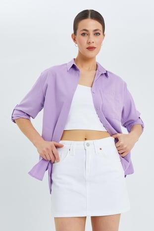 9942 Kadın Oxford Uzun Kol  Basic Gömlek Lila