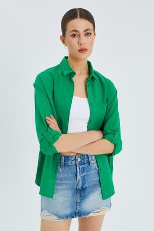 9942 Kadın Oxford Uzun Kol  Basic Gömlek Yeşil