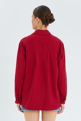 9942 Kadın Oxford Uzun Kol  Basic Gömlek Bordo