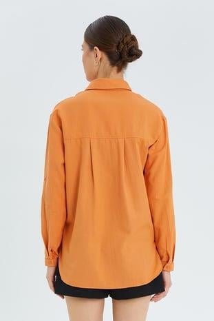 9942 Kadın Oxford Uzun Kol  Basic Gömlek Şeftali