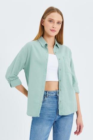 9942 Kadın Oxford Uzun Kol  Basic Gömlek Çağla