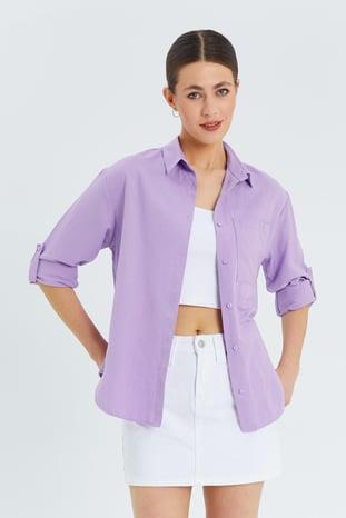 9942 Kadın Oxford Uzun Kol  Basic Gömlek Lila