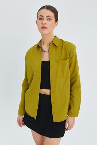9942 Kadın Oxford Uzun Kol  Basic Gömlek Olive