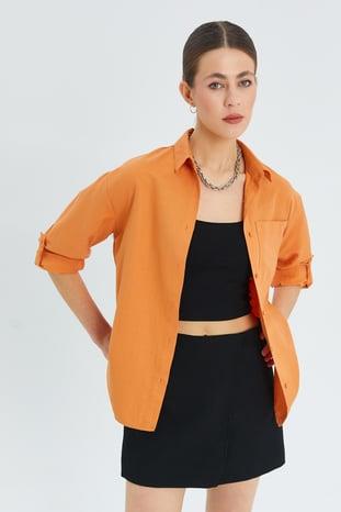 9942 Kadın Oxford Uzun Kol  Basic Gömlek Şeftali