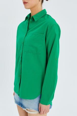 9942 Kadın Oxford Uzun Kol  Basic Gömlek Yeşil