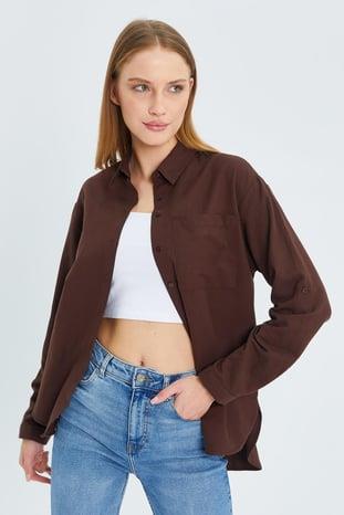 9942 Kadın Oxford Uzun Kol  Basic Gömlek Kahve