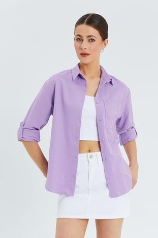 9942 Kadın Oxford Uzun Kol  Basic Gömlek Lila